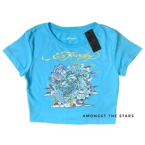 Ed Hardy Floral Tiger Metallic Gold Logo Blue Cropped Baby Tee